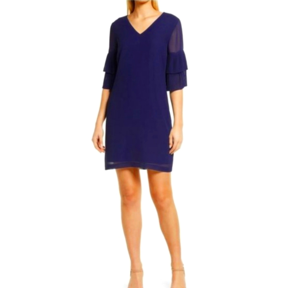 Sam Edelman Chiffon Size 6 Pleat Sleeve Shift Cocktail Dress‎ In Navy Blue